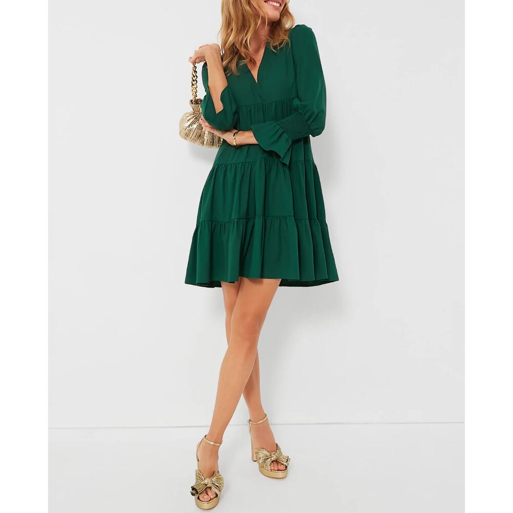 Pomander Place Deep Green Tiered V-Neck Mini Dress